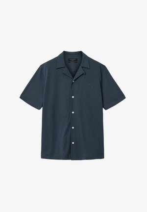 Donkerblauw overhemd met korte mouwen, knoopsluiting, campkraag, vijf witte knopen en een subtiel borduursel van het logo op de linkerborst.