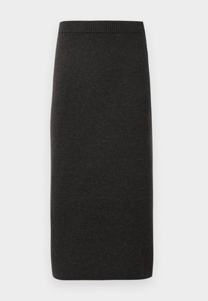 Mørkegrå knelengde skjørt med ribbestrikket midje. Laget av et mykt, elastisk stoff med et enkelt, rett design. Ingen mønstre eller detaljer.