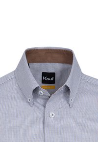 Karierter Hemd mit Button-Down-Kragen, blau-weißem Karomuster, strukturiertem Stoff und braunem Akzent am inneren Kragen.