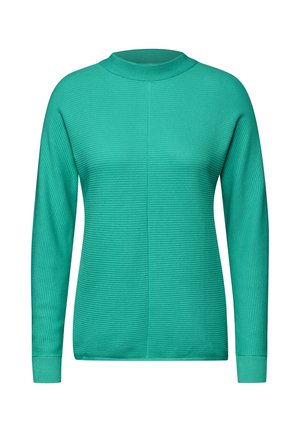 Maglione verde a maniche lunghe con collo alto, caratterizzato da una texture a coste e linee orizzontali sul tessuto. Design aderente.