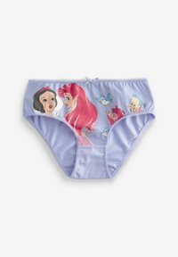 Pantaloni di cotone lilla con stampe di due principesse, uccelli e pesci, con bordo in pizzo e un piccolo fiocco in vita.