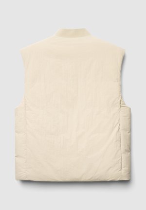 Ärmellose Steppweste aus hellbeigem Stoff mit hohem Kragen, gesteppter Struktur und ohne sichtbare Beschläge oder Akzente.
