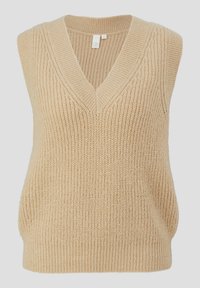 Beige gebreid mouwloos topje met een V-hals, voorzien van een gestructureerd ribpatroon en een relaxte pasvorm, ideaal om te combineren.
