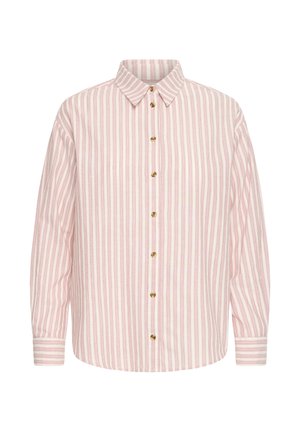 Chemise à manches longues à boutons avec des rayures verticales roses et blanches et des boutons marron, dotée d'un col classique et de poignets boutonnés.