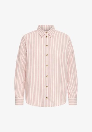 Pitkähihainen napillinen paita, jossa on vaaleanpunaisia ja valkoisia pystysuoria raitoja sekä ruskeat napit, klassisella kauluksella ja napitettavilla kalvosimilla.