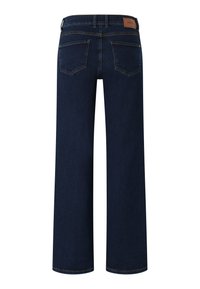 Jeans in denim blu scuro con un taglio a gamba ampia, dotati di due tasche posteriori e di un'etichetta in pelle marrone sulla vita. Dettaglio del bordo grezzo visibile.