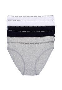 Quattro paia di mutande da donna: grigio chiaro, grigio scuro, bianco e nero. Materiale in cotone con cinture elastiche che presentano un logo stampato.