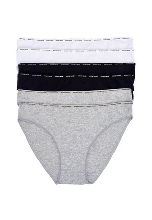 Quattro paia di mutande da donna: grigio chiaro, grigio scuro, bianco e nero. Materiale in cotone con cinture elastiche che presentano un logo stampato.