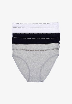 Quattro paia di mutande da donna: grigio chiaro, grigio scuro, bianco e nero. Materiale in cotone con cinture elastiche che presentano un logo stampato.