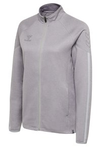 Helles graues Jacket aus weichem Material. Mit hohem Kragen, Reißverschluss und kontrastierenden weißen Streifen an den Ärmeln. Markenlogo auf der Brust.