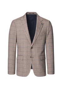 Brązowa marynarka w kratę o strukturalnym designie, z zapięciem na dwa guziki, z wykładanymi klapami i niebieską podszewką w kropki.