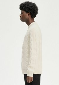 Maglione crema a trecce con collo rotondo e polsini a costine. La vista laterale mette in evidenza l'intricato motivo intrecciato e il colore uniforme.