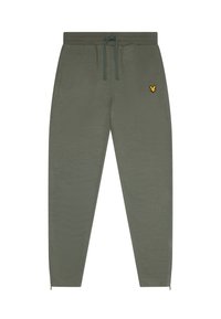 Olivgrüne Jogginghosen aus weichem Stoff, mit einem Kordelzugbund, slim fit und einem kleinen gelben Logo am Oberschenkel.