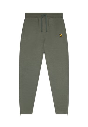 Pantaloni jogger verde oliva realizzati in tessuto morbido, dotati di una vita con cordino, vestibilità slim e un piccolo logo giallo sulla coscia.