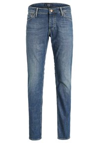 Jeans in denim blu con design slim fit, classico stile a cinque tasche e chiusura con bottone metallico in vita. Texture morbida e finitura sbiadita.