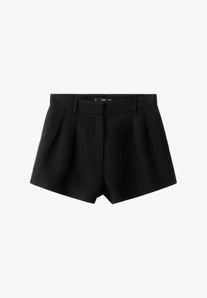 Shorts neri sartoriali con frontale pieghettato, tessuto liscio, passanti per cintura e chiusura con zip discreta. Adatti per contesti casual e formali.