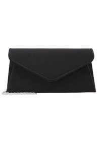 Czarna kopertówka o designie koperty, wykonana z gładkiego materiału, z klapą do składania i srebrnym łańcuszkiem.