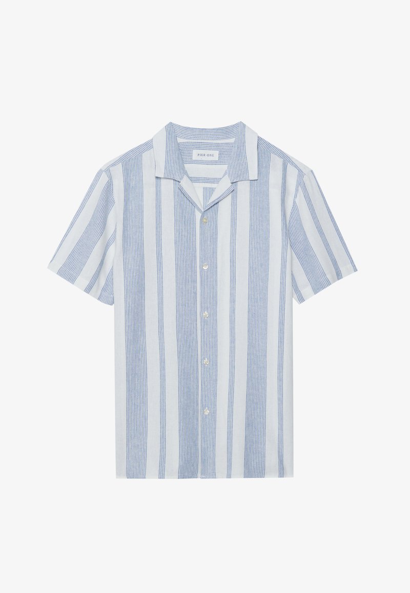 Short-sleeve button-up shirt in light blue and white stripes, featuring a camp collar and textured, breathable fabric.