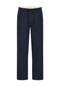 Navy blue drawstring trousers with a relaxed fit, featuring a smooth texture and a contrasting lined waistband.