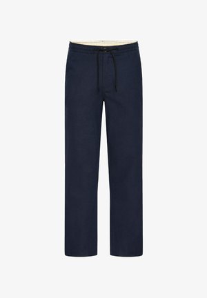 Granatowe spodnie z troczkami o luźnym kroju, charakteryzujące się gładką fakturą i kontrastowym wypustką w talii.