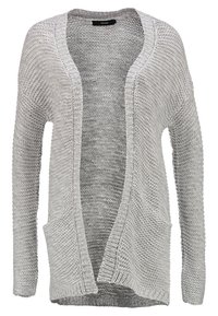 Cardigan aperto grigio chiaro in maglia, con vestibilità rilassata, maniche lunghe e due tasche frontali con finitura texture.
