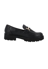 Zwarte leren instapschoen met een ronde neus, voorzien van een decoratieve gesp en een dikke, getextureerde rubberen zool.