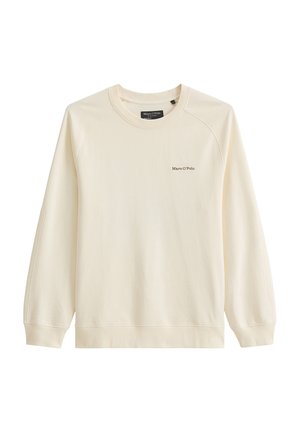 Sweatshirt crème en tissu doux, avec un col rond, des manches raglan longues et un petit logo marron sur la poitrine.