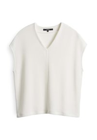 Haut sans manches blanc avec un décolleté en V, fabriqué en tissu doux, présentant une coupe ample et une texture lisse. Design épuré et simple.
