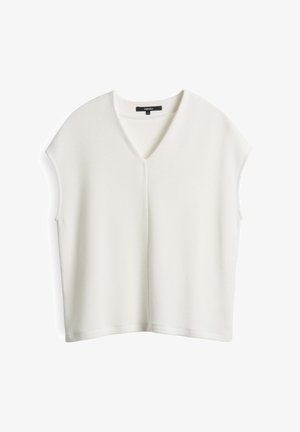 Weißes ärmelloses Oberteil mit V-Ausschnitt, aus weichem Stoff gefertigt, mit lockerer Passform und glatter Textur. Sauberes, einfaches Design.