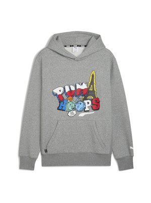Gray hoodie featuring a graphic design with text "PUMA HOPS" and illustrations of landmarks. Made from soft fabric with a front pocket.