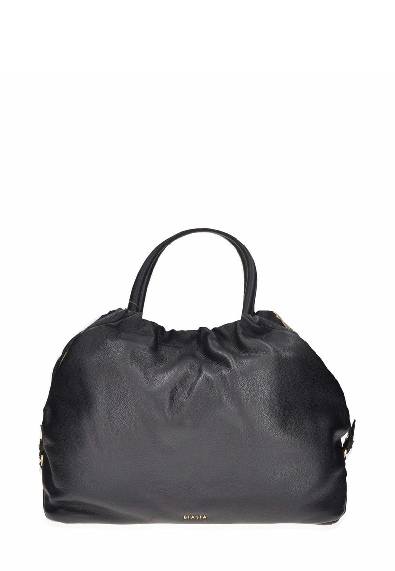 Borsa a mano in pelle nera con design arricciato, doppi manici e dettagli dorati. Presenta una chiusura a zip e una superficie texturizzata.