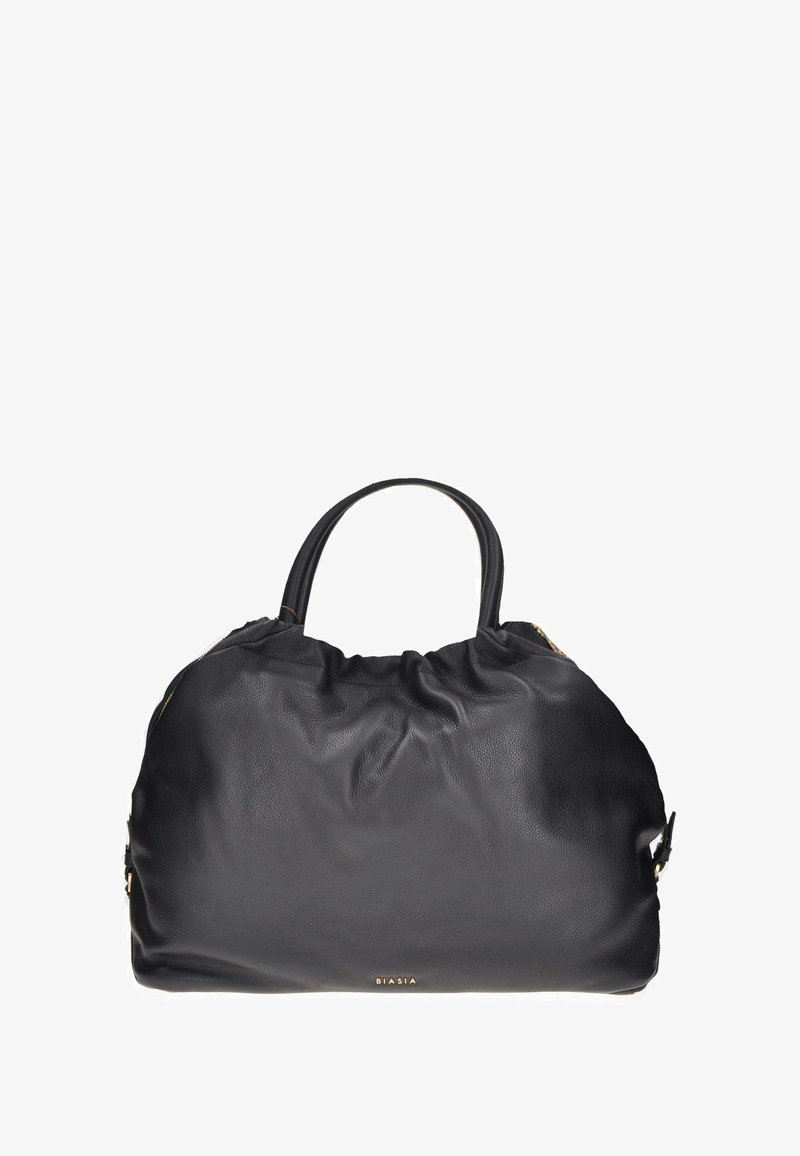 Zwarte leren handtas met een geassembleerd ontwerp, dubbele handvatten en gouden accenten. Voorzien van een ritssluiting en een gestructureerd oppervlak.