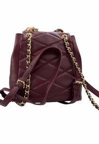 Borsa in pelle trapuntata bordeaux con catene dorate e tracolla in pelle regolabile su uno sfondo bianco.