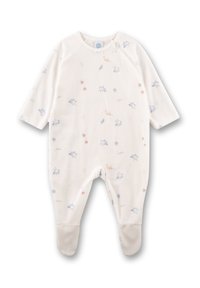 Witte baby-slaapzak met een blauw vogeltje en kleine bloemenprints, lange mouwen en voetjes met een rits aan de bovenste rechterkant.