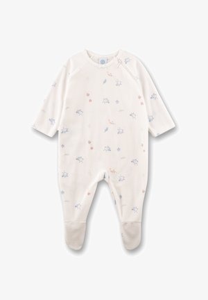 White baby sleeper with blue bird and small floral prints, long sleeves, and footed legs with a zip on the upper right side.