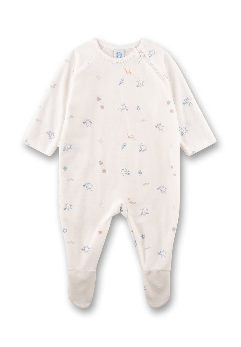 Witte baby-slaapzak met een blauw vogeltje en kleine bloemenprints, lange mouwen en voetjes met een rits aan de bovenste rechterkant.