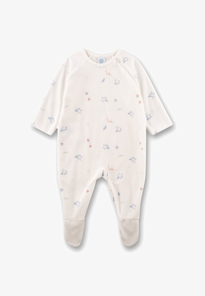 Witte baby-slaapzak met een blauw vogeltje en kleine bloemenprints, lange mouwen en voetjes met een rits aan de bovenste rechterkant.
