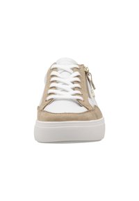 Sneakers featuring a white fabric upper, beige suede accents, round toe, white laces, and zip detail on the side. Rubber sole.