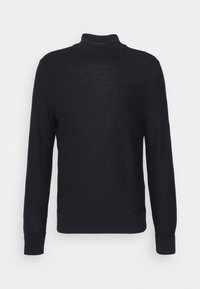 Schwarzer Rollkragenpullover aus feinem Strickstoff, mit gerippten Bündchen und Saum. Dezentes Branding auf der Brust.