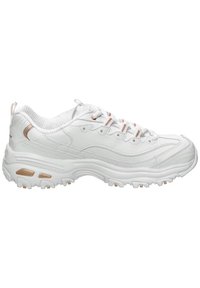 White athletic shoe with a textured mesh upper, pinkish accents, round laces, and a sturdy rubber sole featuring traction grips.