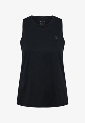 Zwart mouwloos sporttopje met ronde hals en klein reflecterend chevron-logo op de linkerborst.