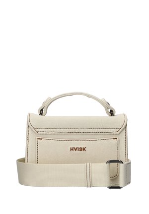 Beige canvas tas met een gestructureerde rechthoekige vorm, gestikte details, logo aan de voorkant en een afneembare stoffen schouderband.