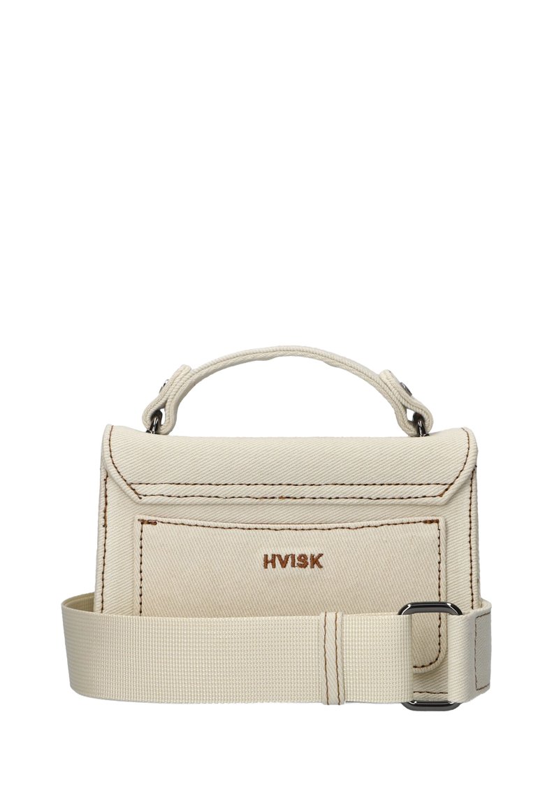 Beige canvas tas met een gestructureerde rechthoekige vorm, gestikte details, logo aan de voorkant en een afneembare stoffen schouderband.