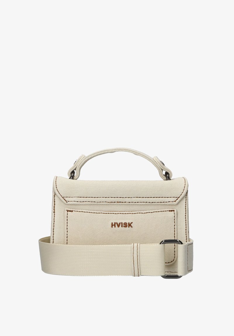 Beige Canvas Tasche mit rechteckiger Struktur, genähten Details, Logo auf der Vorderseite und einem abnehmbaren Stoffriemen.