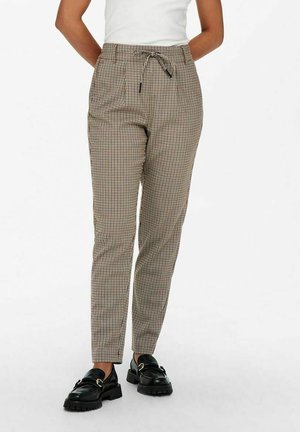 Pantalons à carreaux beige et marron, dotés d'une taille à cordon, de poches latérales, de jambes fuselées et d'une texture lisse.