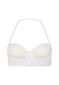 Hvid strapless bh med dækkede skumkopper, glat stof og lukning med hægte bagpå. Har tynde justerbare stropper for støtte.