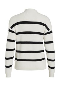 White ribbed sweater featuring horizontal black stripes, a high neckline, and long sleeves. The texture appears knitted and soft.