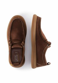 Braune Lederschuhe mit strukturiertem Finish, runder Zehenpartie, dekorativer Naht und Gummisohle. Verfügt über Schnürschlaufen und eine gepolsterte Einlegesohle.