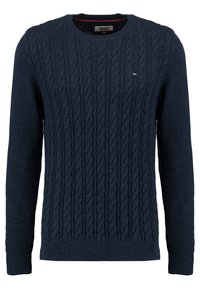 Marineblauer Kabelstrickpullover mit Rundhalsausschnitt, langen Ärmeln, gerippten Bündchen und Saum, mit kleinem Tommy Hilfiger-Logo auf der Brust.