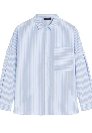 Hellblau und weiß gestreiftes Langarmhemd mit Button-Down-Kragen, das eine aufgesetzte Tasche auf der linken Brust und einen lockeren Schnitt aufweist.